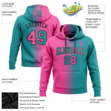 Custom Name & Number Teal Pink Black Gradient Sports Hoodie Pullover Sweatshirt Fashion Team Wear Personalized Stitched Teal