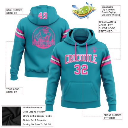 Custom Teal Pink White Football Hoodie with Personalized Name & Number - Sweatshirt Pullover Personalized Stitched Teal Pink-White