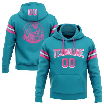 Custom Teal Pink White Football Hoodie with Personalized Name & Number - Sweatshirt Pullover Personalized Stitched Teal Pink-White