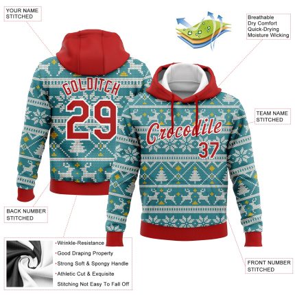 Custom Name Number 3D Sports Hoodie Teal Red-White Christmas Pullover Sweatshirt Personalized Team Apparel Personalized Stitched