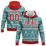 Custom Name Number 3D Sports Hoodie Teal Red-White Christmas Pullover Sweatshirt Personalized Team Apparel Personalized Stitched