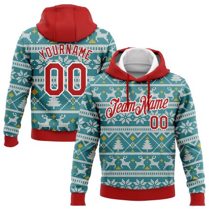 Custom Name Number 3D Sports Hoodie Teal Red-White Christmas Pullover Sweatshirt Personalized Team Apparel Personalized Stitched