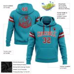 Custom Team Football Hoodie with Personalized Name and Number - Stitched Pullover Sweatshirt in Teal Red and White Personalized