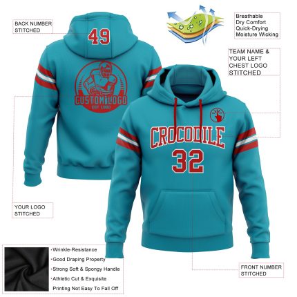 Custom Team Football Hoodie with Personalized Name and Number - Stitched Pullover Sweatshirt in Teal Red and White Personalized