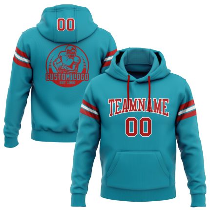 Custom Team Football Hoodie with Personalized Name and Number - Stitched Pullover Sweatshirt in Teal Red and White Personalized