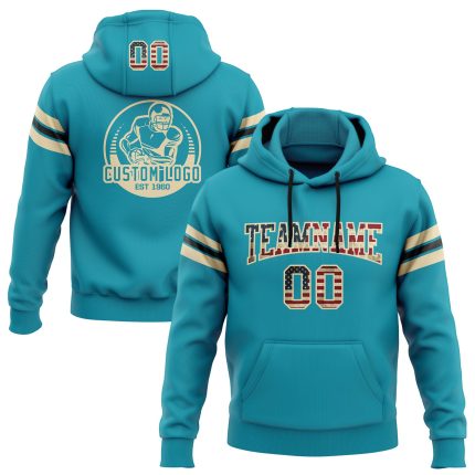 Custom Name Number Vintage USA Flag Hoodie Pullover Sweatshirt for Football Team - Personalized Teal Cream-Black Design Personalized