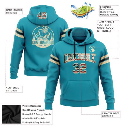 Custom Name Number Vintage USA Flag Hoodie Pullover Sweatshirt for Football Team - Personalized Teal Cream-Black Design Personalized