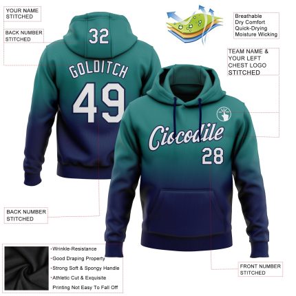 Custom Name Number Hoodie Stitched Teal Navy Fade Fashion Sports Pullover Sweatshirt for Team Personalized Stitched Teal