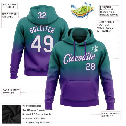 Custom Name Number Sports Hoodie Teal White Purple Fade Stitched Pullover Sweatshirt Fashion Team Apparel Personalized Stitched