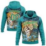 Custom Tiger and Flower Sports Pullover Hoodie with 3D Teal Yellow Design - Personalized Sweatshirt with Name and Number