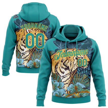 Custom Tiger and Flower Sports Pullover Hoodie with 3D Teal Yellow Design - Personalized Sweatshirt with Name and Number