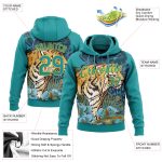 Custom Tiger and Flower Sports Pullover Hoodie with 3D Teal Yellow Design - Personalized Sweatshirt with Name and Number