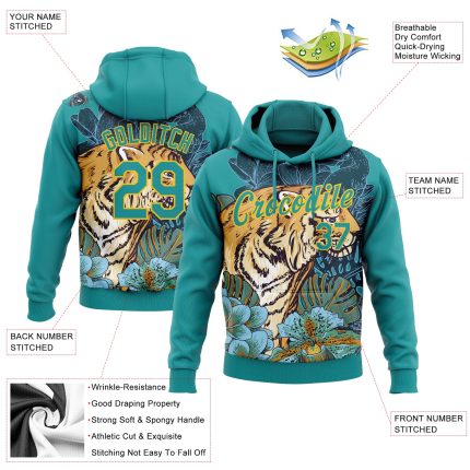 Custom Tiger and Flower Sports Pullover Hoodie with 3D Teal Yellow Design - Personalized Sweatshirt with Name and Number