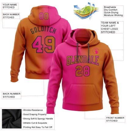 Custom Texas Orange Hot Pink Black Gradient Sports Hoodie with Name and Number - Personalized Stitched Pullover Sweatshirt