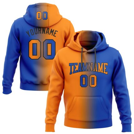 Custom Team Hoodie with Personalized Name and Number, Thunder Blue Bay Orange-Black Gradient Pullover Sweatshirt Personalized