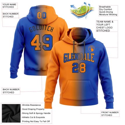 Custom Team Hoodie with Personalized Name and Number, Thunder Blue Bay Orange-Black Gradient Pullover Sweatshirt Personalized