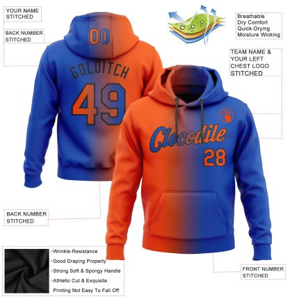 Custom Team Hoodie with Personalized Name and Number - Thunder Blue Orange-Black Gradient Fashion Sports Pullover Sweatshirt