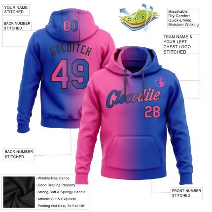 Custom Name Number Hoodie - Personalized Thunder Blue Pink Black Gradient Sports Pullover Sweatshirt Personalized Stitched