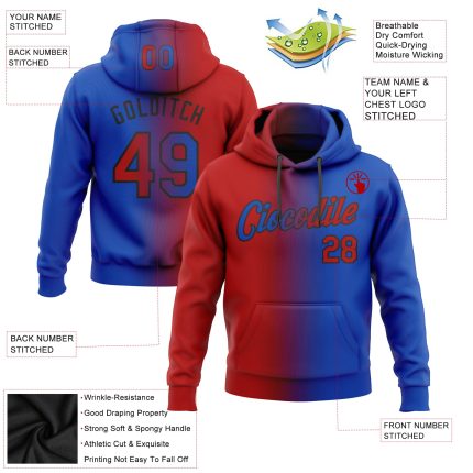 Custom Team Hoodie with Personalized Name & Number - Fashion Sports Pullover Sweatshirt in Thunder Blue Red-Black Gradient