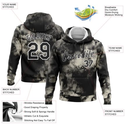 Custom Name Number 3D Abstract Tie Dye Hoodie Sweatshirt in Black-White - Personalized Sports Pullover Personalized Stitched