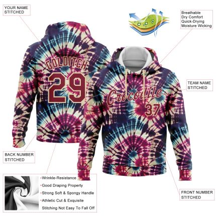 Custom Name Number 3D Tie Dye Hoodie Sweatshirt Pullover - Personalized Crimson Cream Hippie Batik Sports Gear Personalized