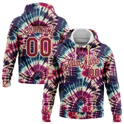 Custom Name Number 3D Tie Dye Hoodie Sweatshirt Pullover - Personalized Crimson Cream Hippie Batik Sports Gear Personalized
