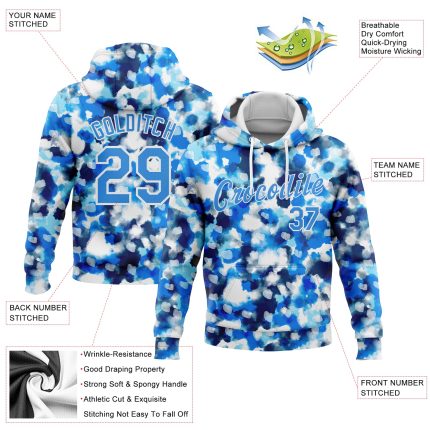 Custom Name and Number Tie Dye Hoodie Electric Blue-White 3D Abstract Watercolor Sports Pullover Sweatshirt Personalized