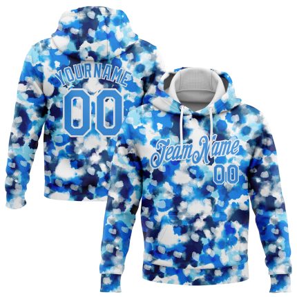 Custom Name and Number Tie Dye Hoodie Electric Blue-White 3D Abstract Watercolor Sports Pullover Sweatshirt Personalized