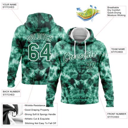 Custom Name and Number Hoodie - 3D Abstract Tie Dye Sports Sweatshirt in Kelly Green-White, Stitched Shibori Style Personalized