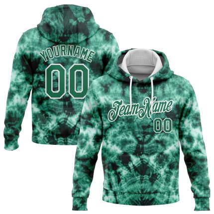 Custom Name and Number Hoodie - 3D Abstract Tie Dye Sports Sweatshirt in Kelly Green-White, Stitched Shibori Style Personalized