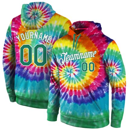 Custom Name & Number Hoodie - Personalized 3D Tie Dye Design Sweatshirt in Kelly Green-White - Sports Pullover Personalized