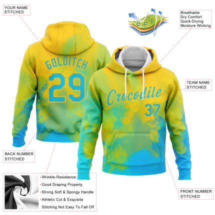 Custom Name and Number Tie Dye Pullover Hoodie in Lakes Blue-Gold 3D Bright Flow Watercolor Sports Design Personalized Stitched