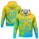 Custom Name and Number Tie Dye Pullover Hoodie in Lakes Blue-Gold 3D Bright Flow Watercolor Sports Design Personalized Stitched