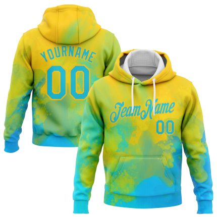Custom Name and Number Tie Dye Pullover Hoodie in Lakes Blue-Gold 3D Bright Flow Watercolor Sports Design Personalized Stitched