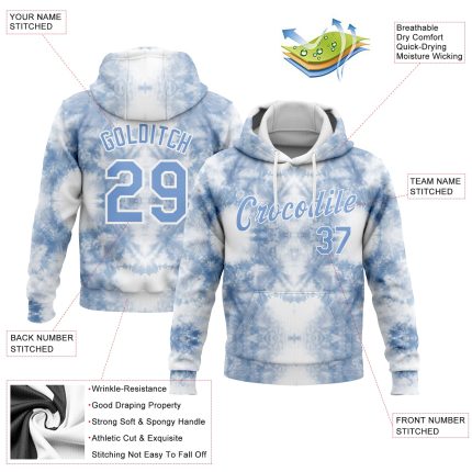 Custom Name and Number Tie Dye Hoodie Light Blue-White 3D Watercolor Sports Sweatshirt Pullover Personalized Stitched Tie