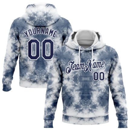 Custom Name & Number Pullover Hoodie, 3D Abstract Tie Dye Navy-White Sports Sweatshirt, Personalized Stitched Design Personalized