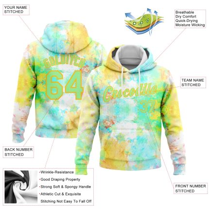 Custom Name and Number Personalized Watercolor Sports Hoodie in Pea Green-Yellow Tie Dye - 3D Pullover Sweatshirt Personalized