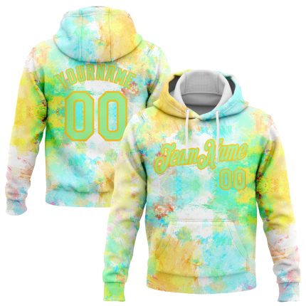Custom Name and Number Personalized Watercolor Sports Hoodie in Pea Green-Yellow Tie Dye - 3D Pullover Sweatshirt Personalized