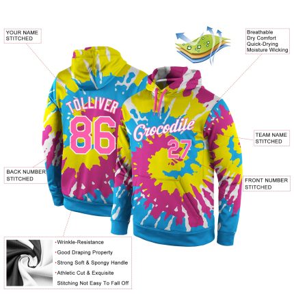 Custom Name Number Sports Hoodie 3D Tie Dye Design in Pink-White Stitched Pullover Sweatshirt Personalized Stitched Tie Dye