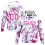Custom Team Name Number Hoodie Pullover Sweatshirt 3D Watercolor Pink-White Tie Dye Design, Personalized Stitched Style Personalized