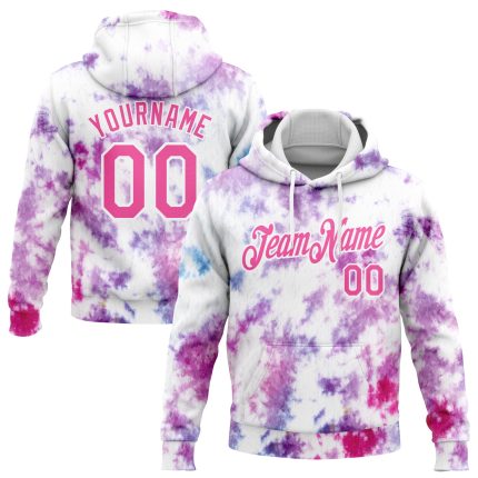 Custom Team Name Number Hoodie Pullover Sweatshirt 3D Watercolor Pink-White Tie Dye Design, Personalized Stitched Style Personalized