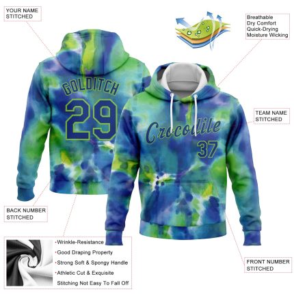 Custom Name and Number Sports Hoodie - 3D Abstract Stitched Tie Dye Royal-Neon Green Pullover Sweatshirt Personalized Stitched