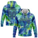 Custom Name and Number Sports Hoodie - 3D Abstract Stitched Tie Dye Royal-Neon Green Pullover Sweatshirt Personalized Stitched
