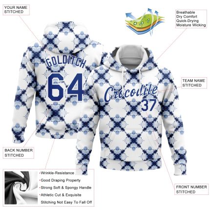Personalized Tie Dye Pullover Hoodie Royal-White 3D Watercolor Shibori Style Sports Sweatshirt Personalized Stitched Tie