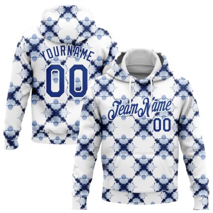 Personalized Tie Dye Pullover Hoodie Royal-White 3D Watercolor Shibori Style Sports Sweatshirt Personalized Stitched Tie