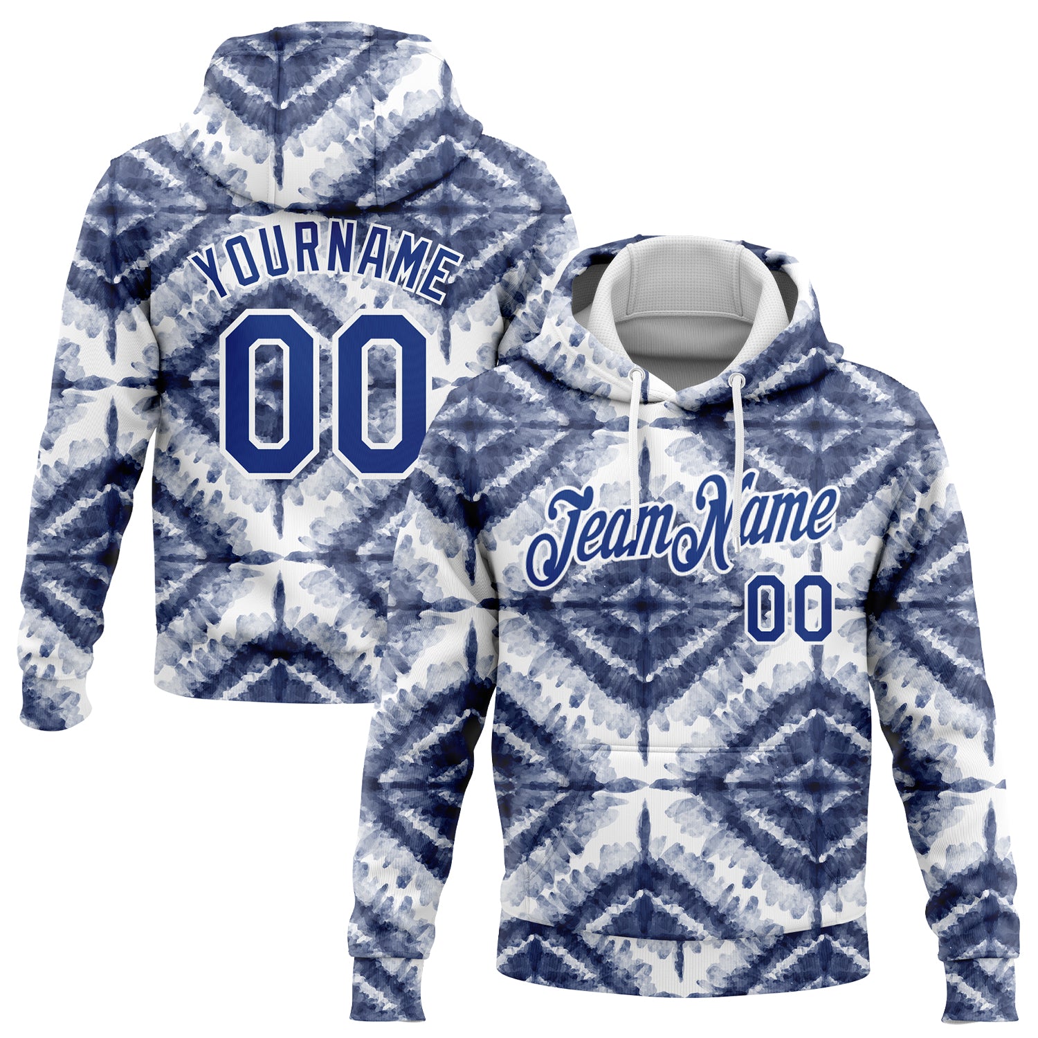 Custom Name Number 3D Watercolor Tie Dye Hoodie Royal-White Personalized Sports Pullover Sweatshirt Personalized Stitched