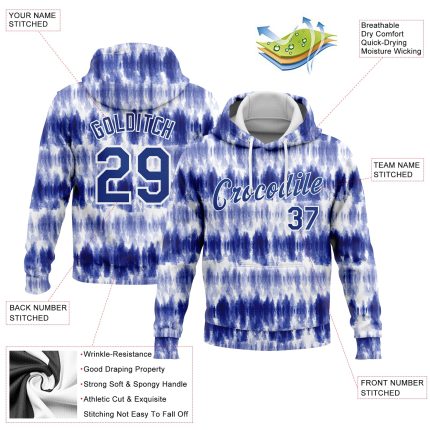 Custom Name & Number Tie Dye Hoodie Pullover Sweatshirt - Personalized Royal-White 3D Watercolor Sports Apparel Personalized