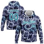 Custom Name Number Tie Dye Hoodie | Teal White 3D Batik Sports Pullover Sweatshirt for Hippie Style Personalized Stitched