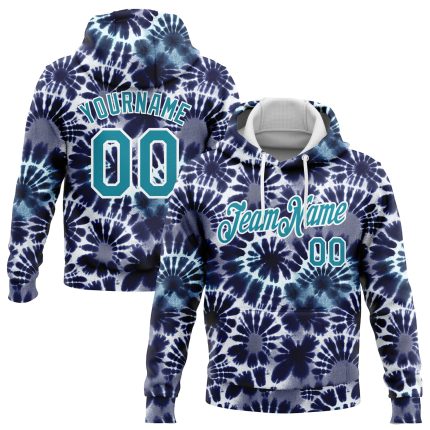 Custom Name Number Tie Dye Hoodie | Teal White 3D Batik Sports Pullover Sweatshirt for Hippie Style Personalized Stitched