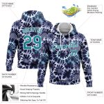 Custom Name Number Tie Dye Hoodie | Teal White 3D Batik Sports Pullover Sweatshirt for Hippie Style Personalized Stitched